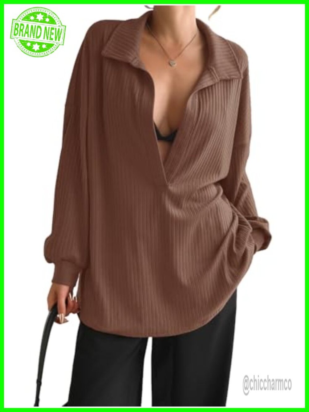 Oversized Deep V Neck Ribbed Knit Pullover Sweatshirt Long Sleeve